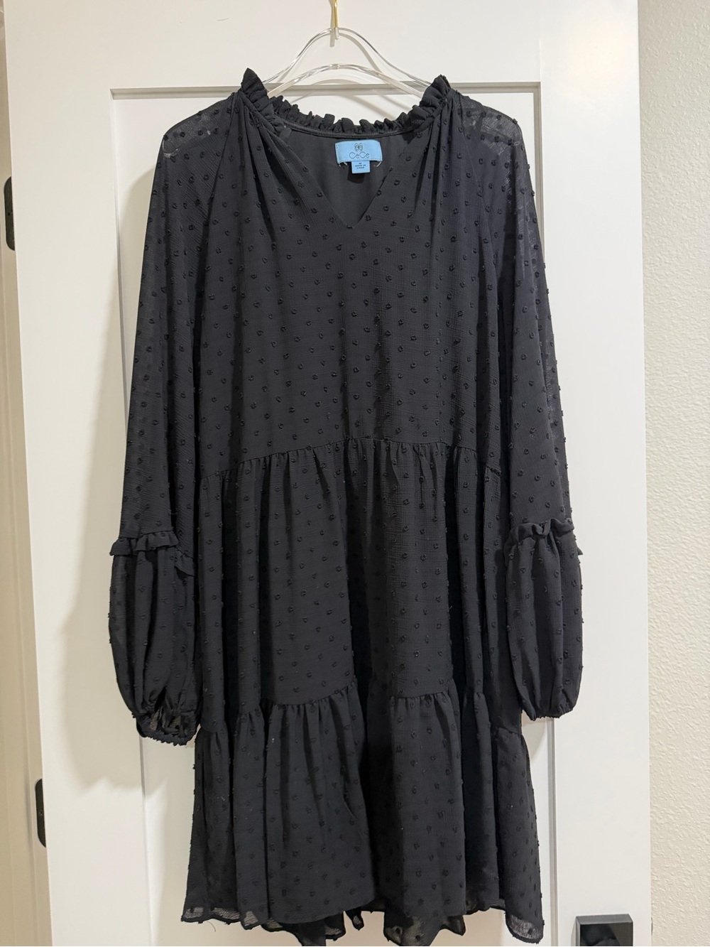 CeCe Black Swiss Dot Tiered Long-Sleeve Dress